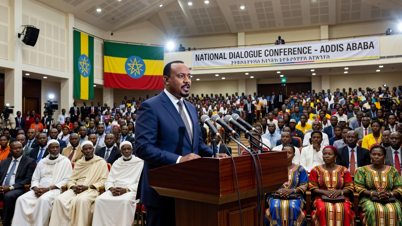 Prime Minister Abiy Ahmed delivering a speech at the Ethiopia national dialogue conference in Addis Ababa.