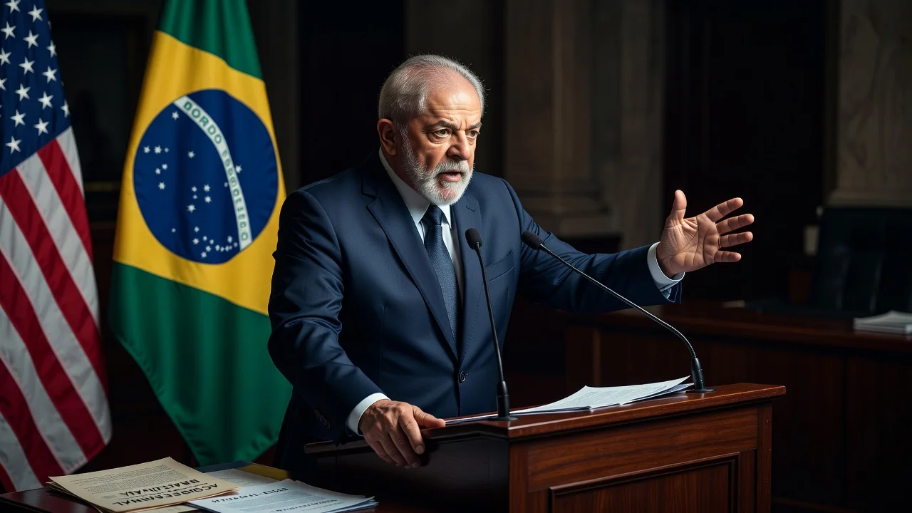 President Lula vowing to defend Brazil's sovereignty against US tariffs in a press conference setting.