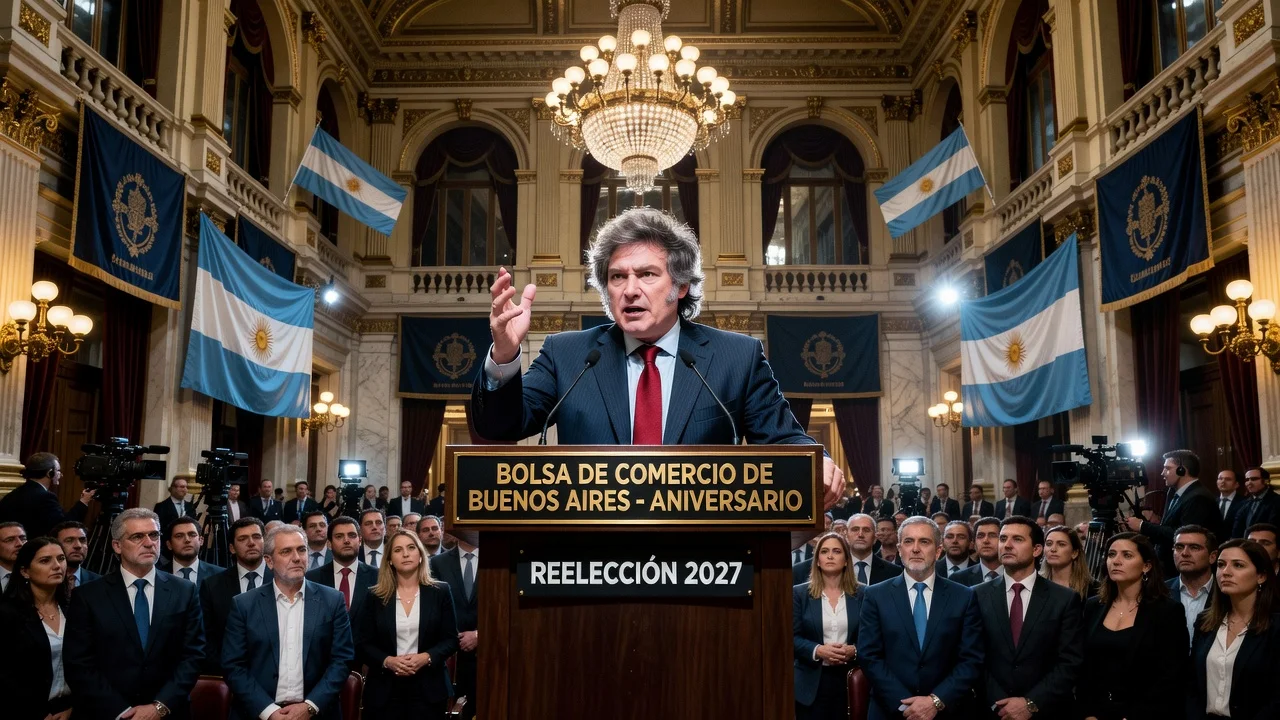 President Javier Milei speaking confidently about his reelection at the Buenos Aires Stock Exchange event.