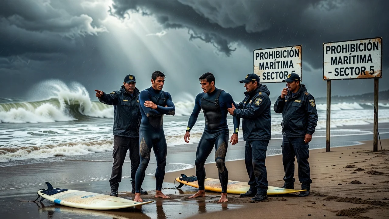 Two surfers detained by police on a stormy Reñaca beach for defying a maritime ban.