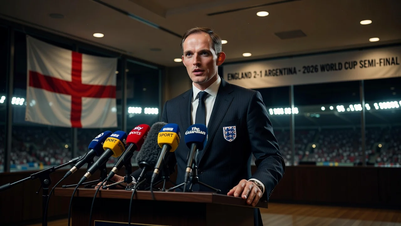 Thomas Tuchel at a press conference committing to England manager role after World Cup semi-final defeat.