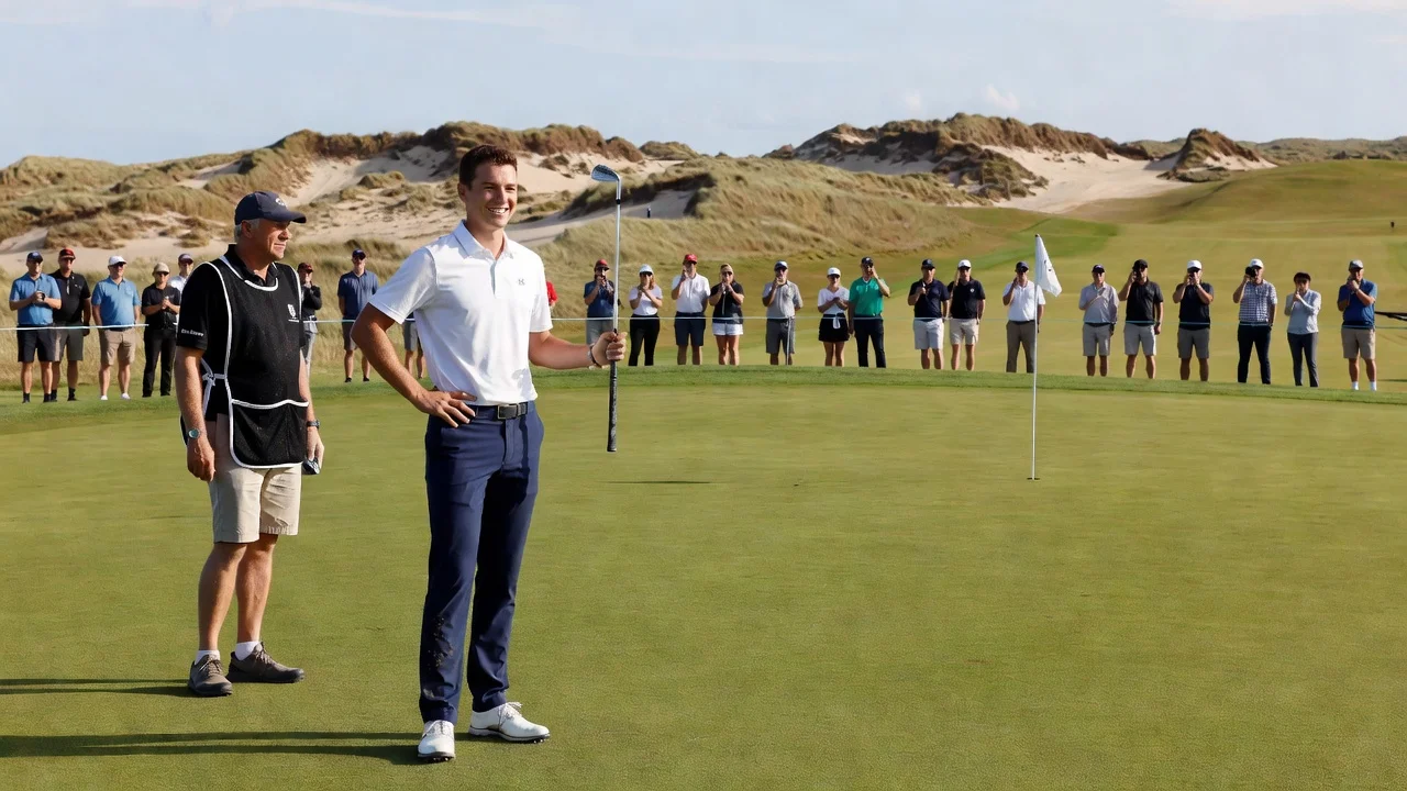 Jackson Suber celebrating his lead at the Open Championship on the Royal Birkdale course.