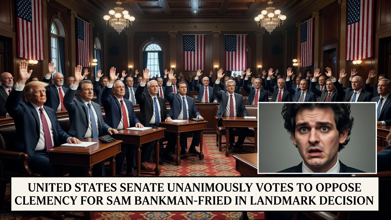 Illustration of the US Senate unanimously opposing clemency for Sam Bankman-Fried