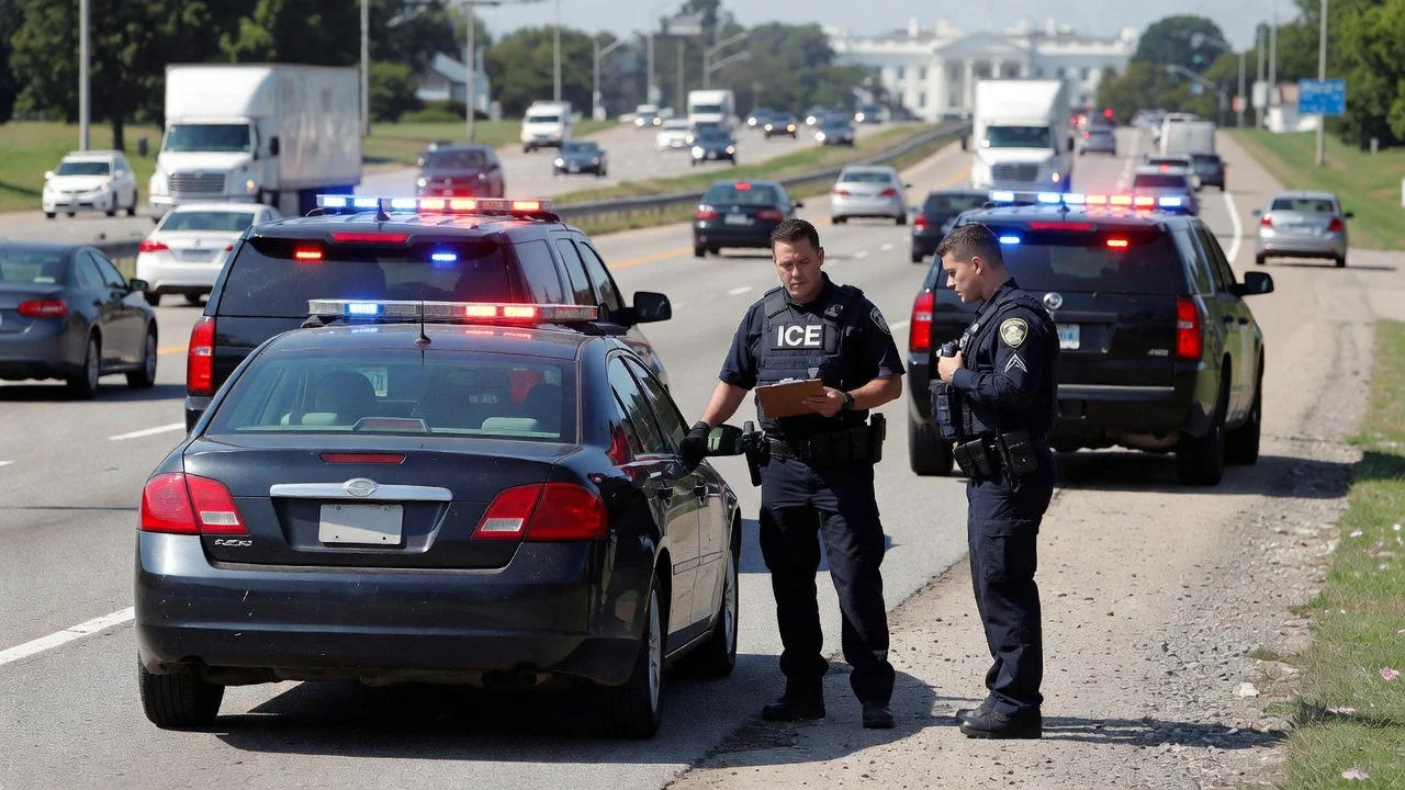 ICE agents conducting a traffic stop on a highway with the White House in the background, illustrating continued enforcement policy.
