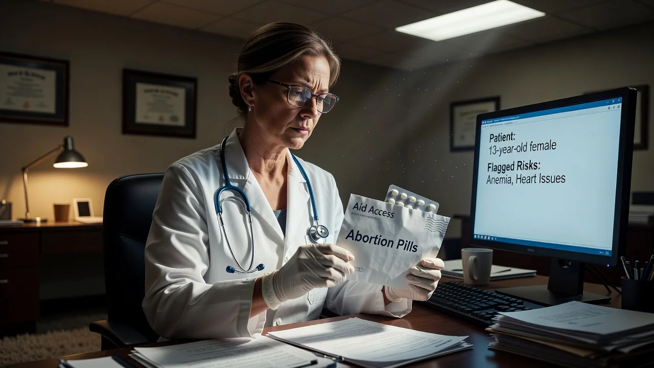 Realistic illustration of a doctor reviewing mailed abortion pills received despite health risks in a test order for a young patient.