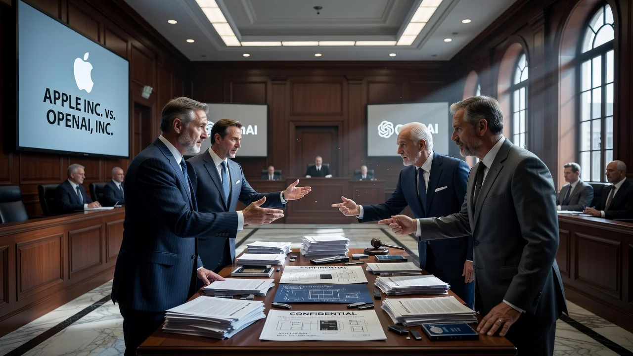 Courtroom illustration of Apple vs OpenAI lawsuit on hardware trade secrets