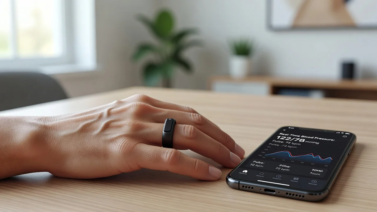 Close-up of smart ring on finger with health app on phone showing blood pressure data