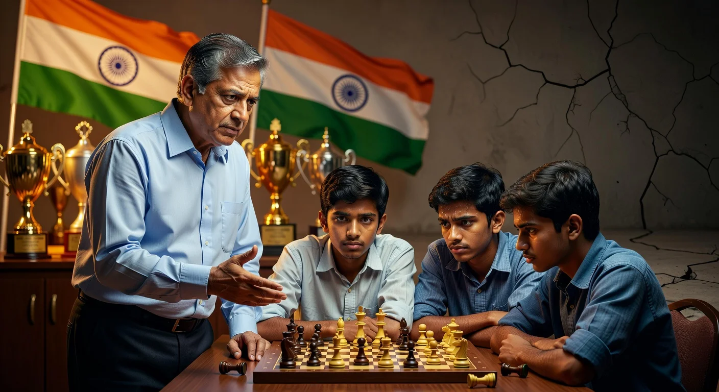 Pravin Thipsay concerned over young Indian chess stars' dip, illustrated with chessboard struggles and fading glories.