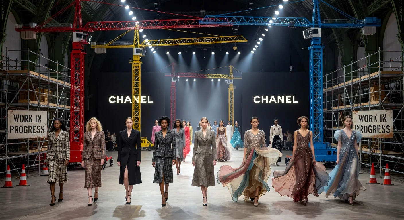 Matthieu Blazy presents Chanel Fall 2026 ready-to-wear collection at Paris Fashion Week, with models on runway amid colorful construction cranes at Grand Palais.