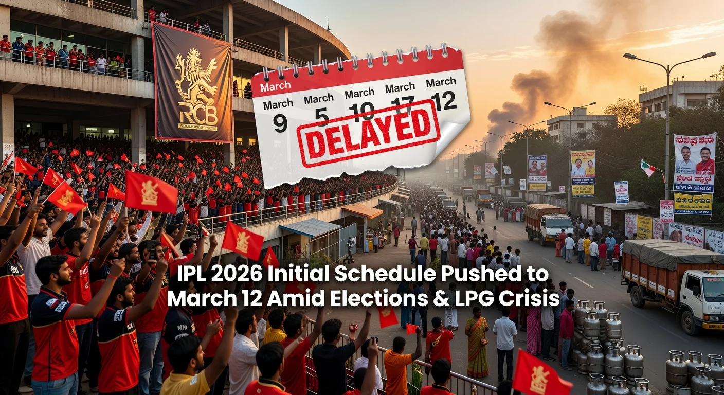 Illustrative photo of M. Chinnaswamy Stadium with IPL 2026 delay graphics, election posters, and LPG shortage elements amid fan excitement.