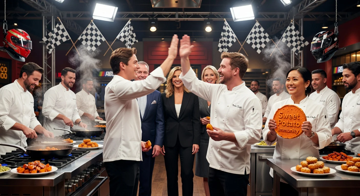 Top Chef Season 23 premiere scene: Twin brothers celebrate hushpuppy Quickfire win, Rhoda with sweet potato immunity, host and judges in NASCAR-themed kitchen.