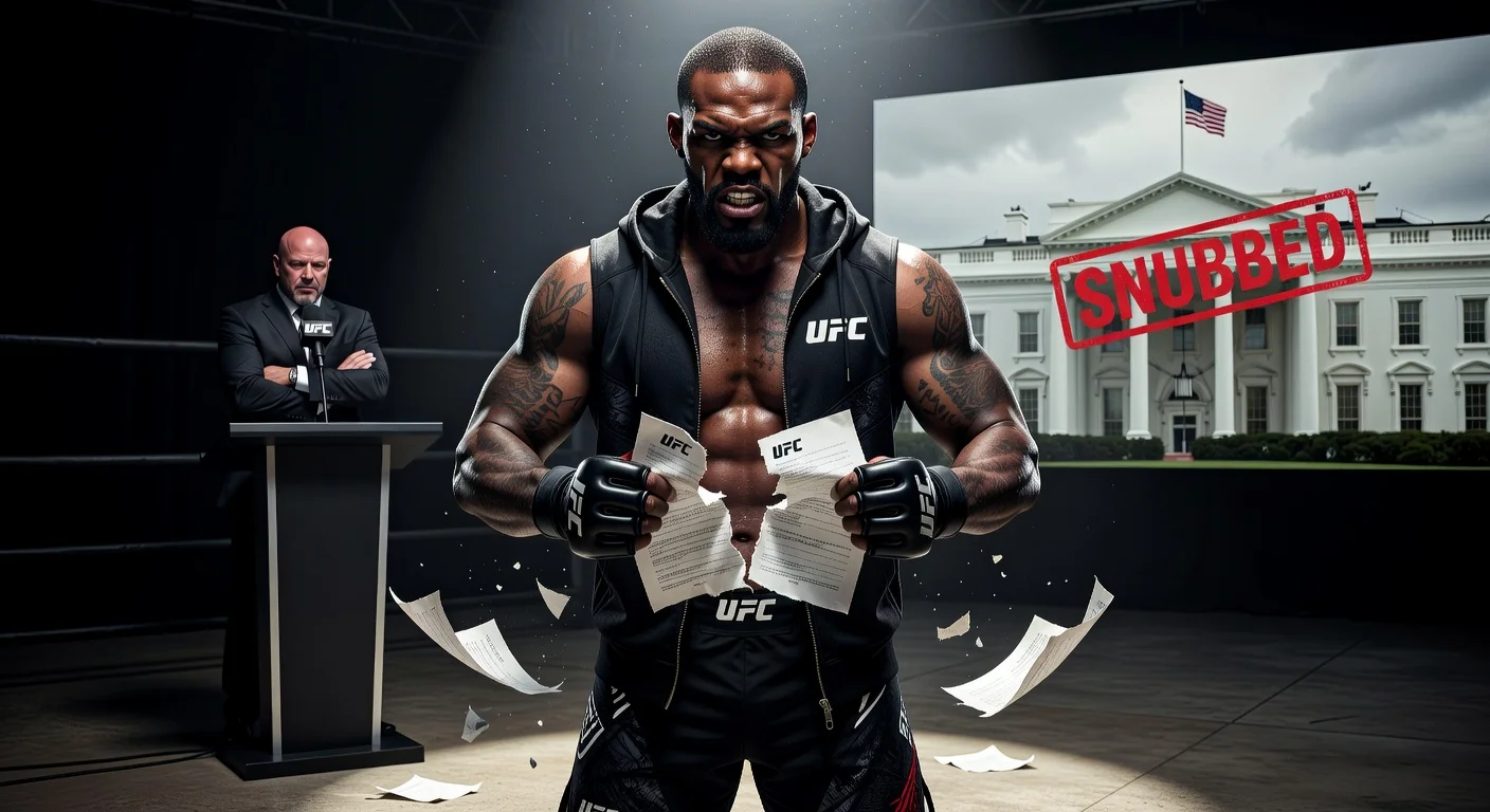 Dramatic illustration of Jon Jones tearing UFC contract after White House event snub by Dana White.