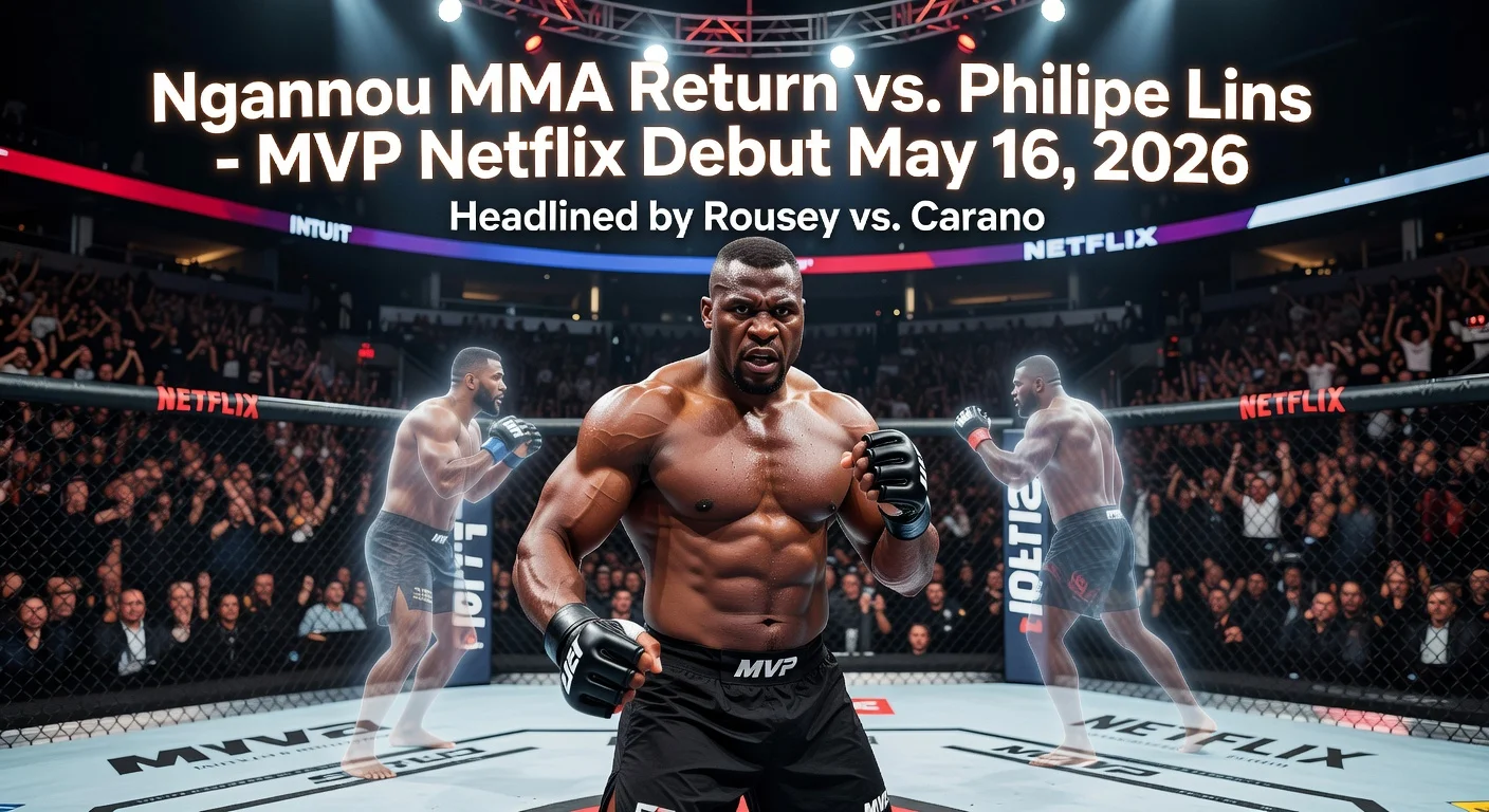 Francis Ngannou in intense fighting pose inside MMA octagon for his comeback bout against Philipe Lins on MVP's Netflix event.