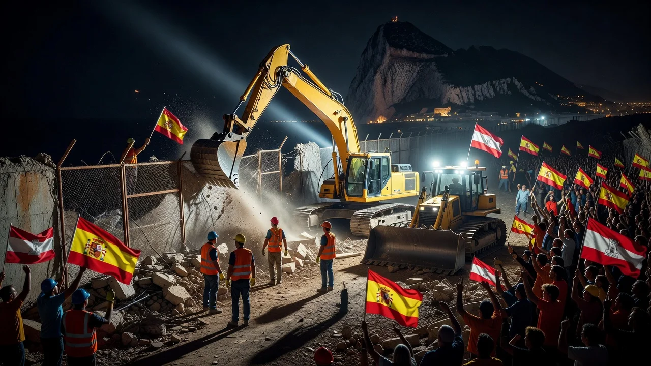 The border fence between Spain and Gibraltar being removed at midnight, with celebrating crowds and the Rock visible.
