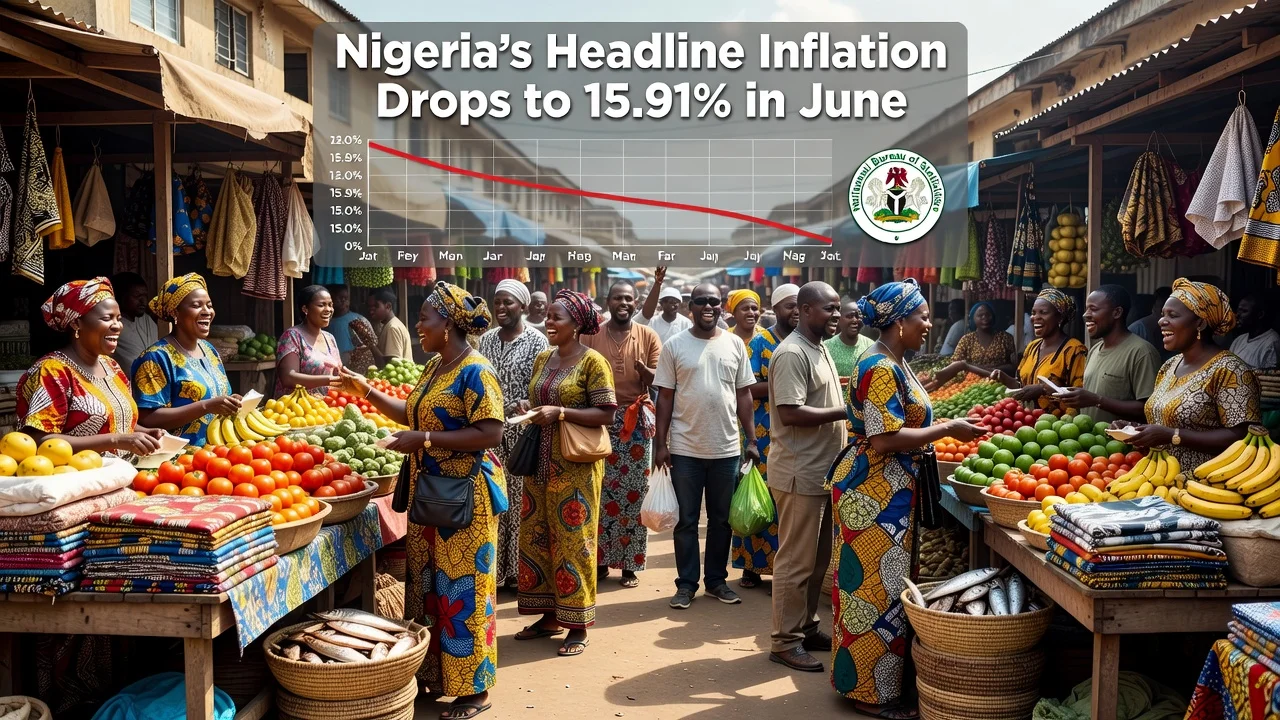 Photorealistic Nigerian market scene showing lower prices amid inflation drop
