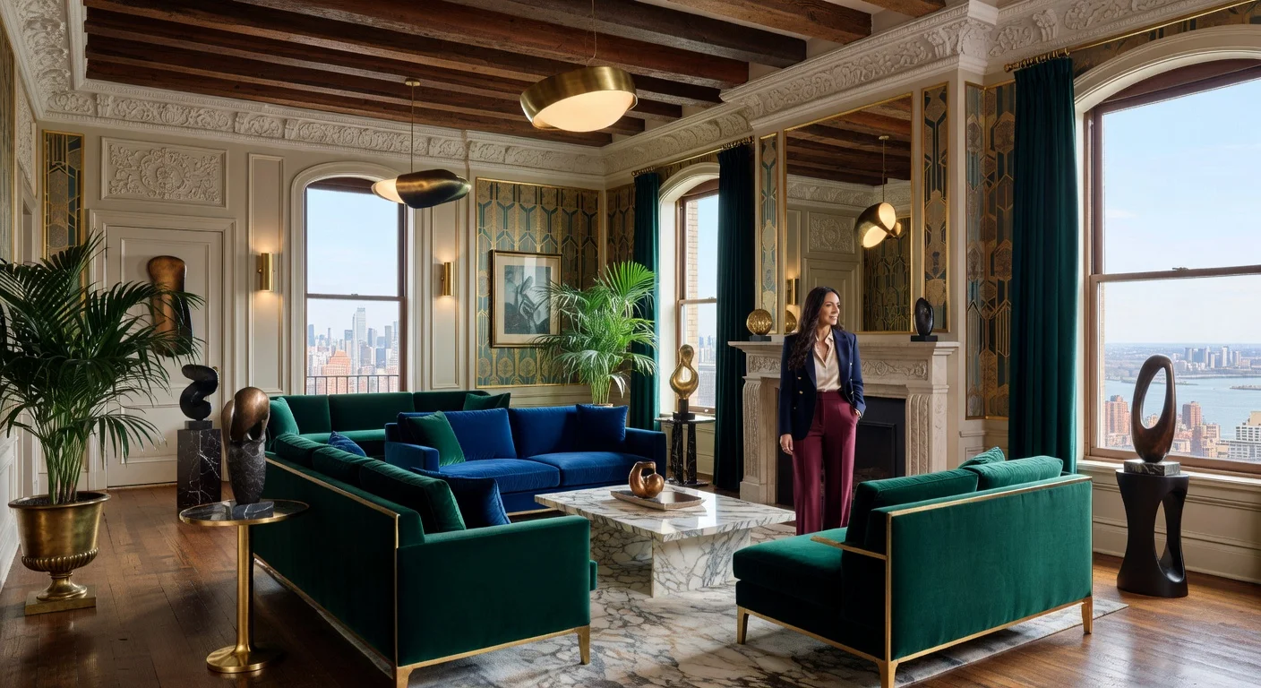Photorealistic interior of Athena Calderone's renovated historic Tribeca apartment, blending Art Deco, Vienna Secession, and original 1900s features.