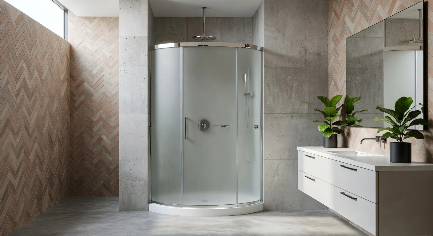 Illustration of 2026 bathroom trends: enclosed capsule shower amid concrete-inspired and herringbone tile walls in a modern, wellness-focused space.