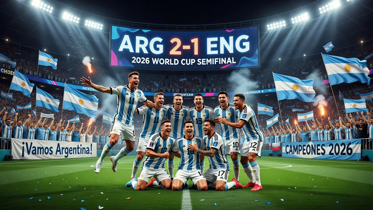 Argentina players celebrating their 2-1 victory against England in the 2026 World Cup semifinal.
