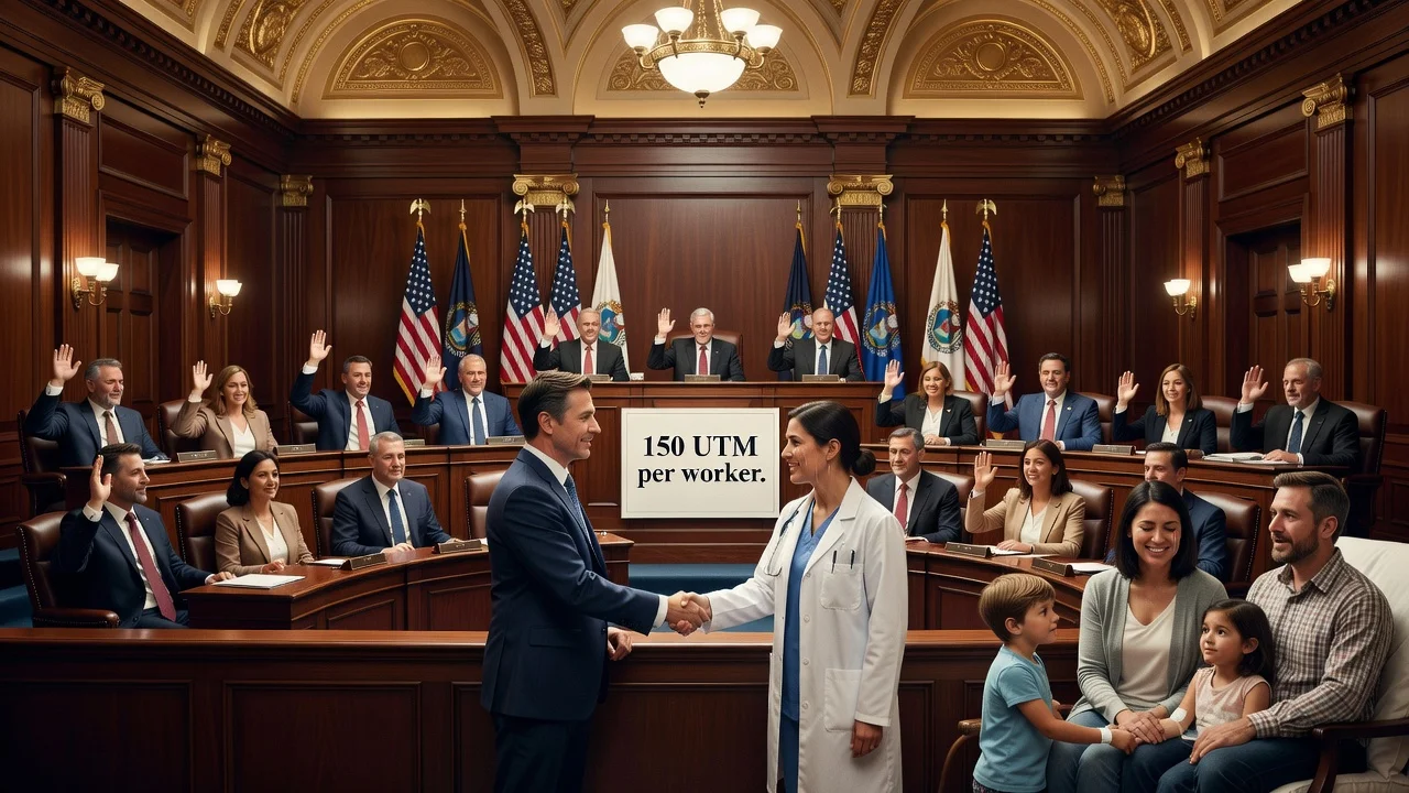 Senators approving a tax credit for companies covering catastrophic illness treatments, with a family receiving healthcare support.