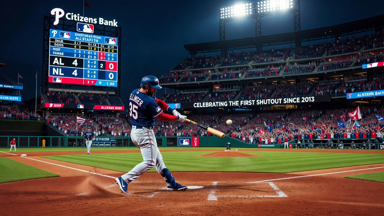Cody Bellinger hitting a two-run single during the 2026 MLB All-Star Game at Citizens Bank Park with AL leading 4-0.