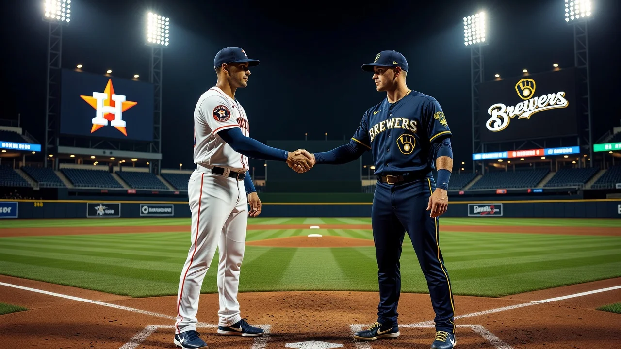 Illustration of Lance McCullers Jr. traded from Astros to Brewers for Jadyn Fielder, showing handshake between players in team uniforms.