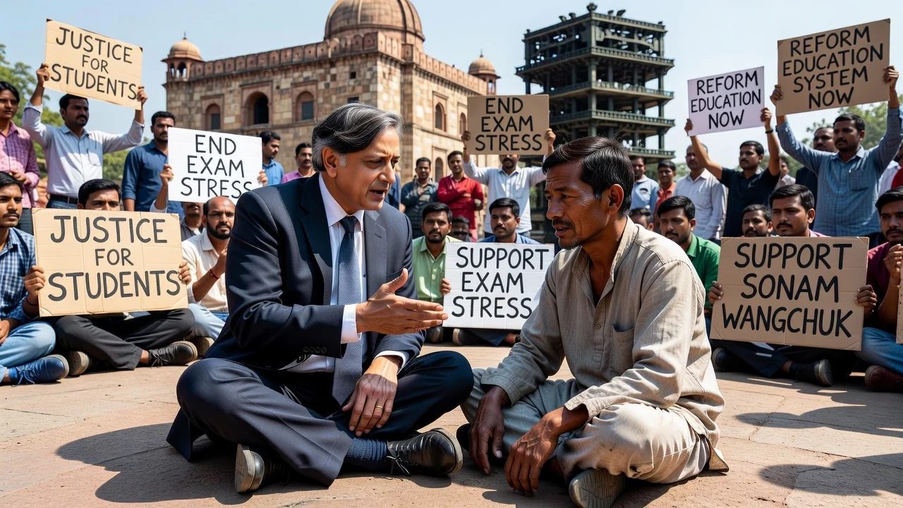 Shashi Tharoor appeals to fasting activist Sonam Wangchuk at Jantar Mantar protest site.