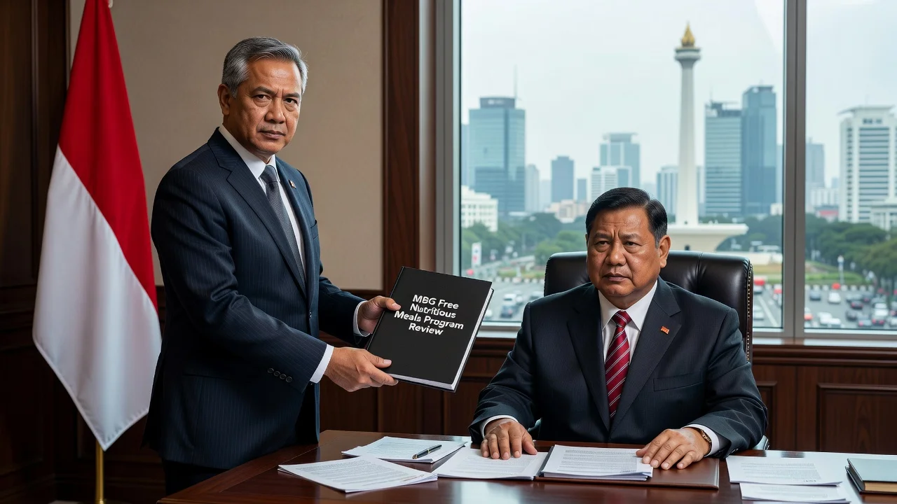 Zulkifli Hasan presenting the MBG program review report to President Prabowo Subianto during a formal office meeting.