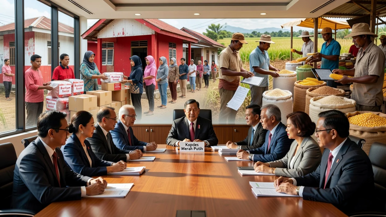 President Prabowo leading a meeting on village cooperatives channeling social aid and guaranteeing harvests.