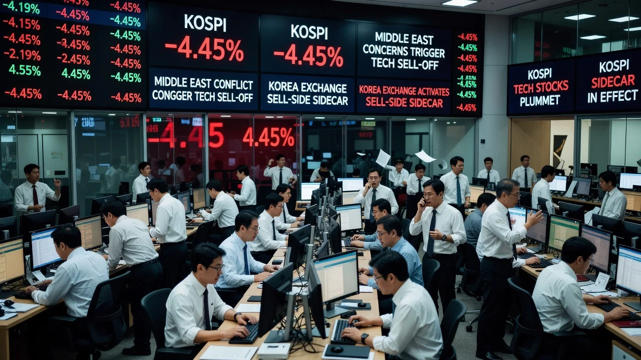 Traders on the Seoul stock exchange reacting to a sharp drop in the KOSPI index amid Middle East tensions.