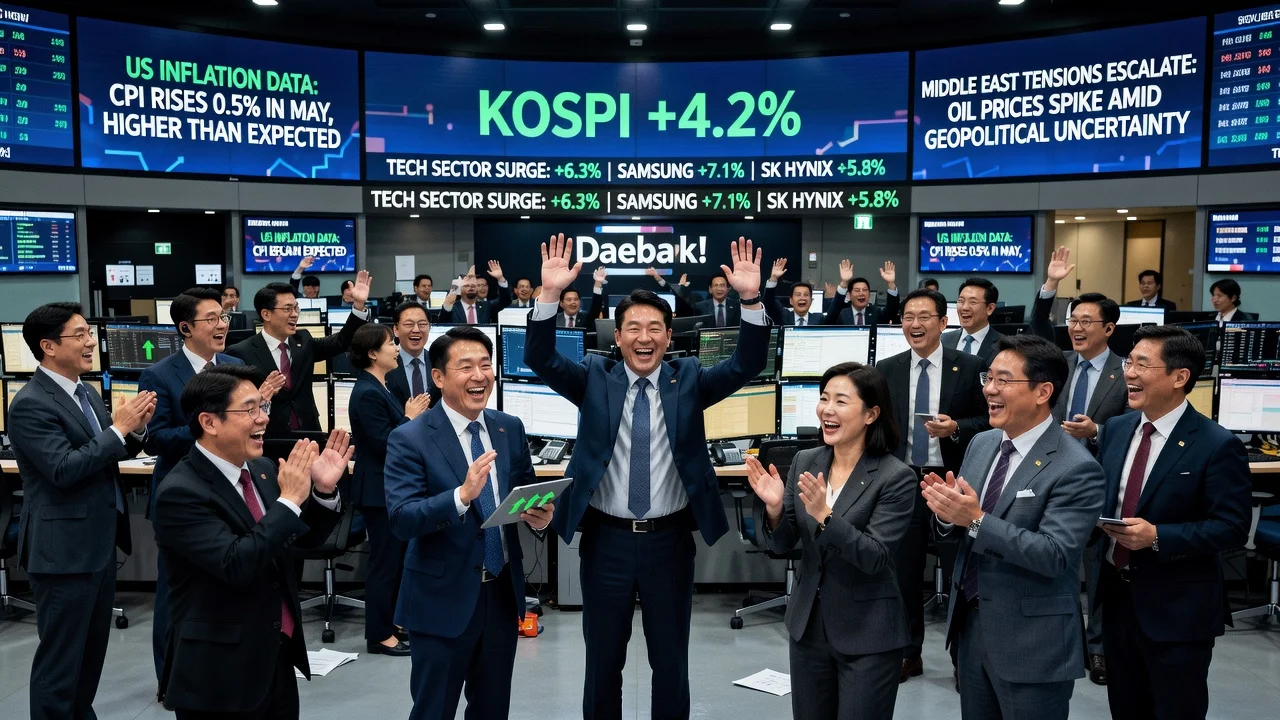 Illustration of Seoul shares rising on tech rally with traders and stock screens