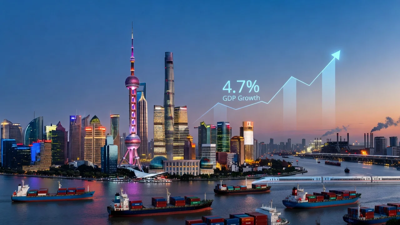 Photorealistic image of Shanghai skyline symbolizing China's 4.7% GDP growth with economic elements and growth chart overlay