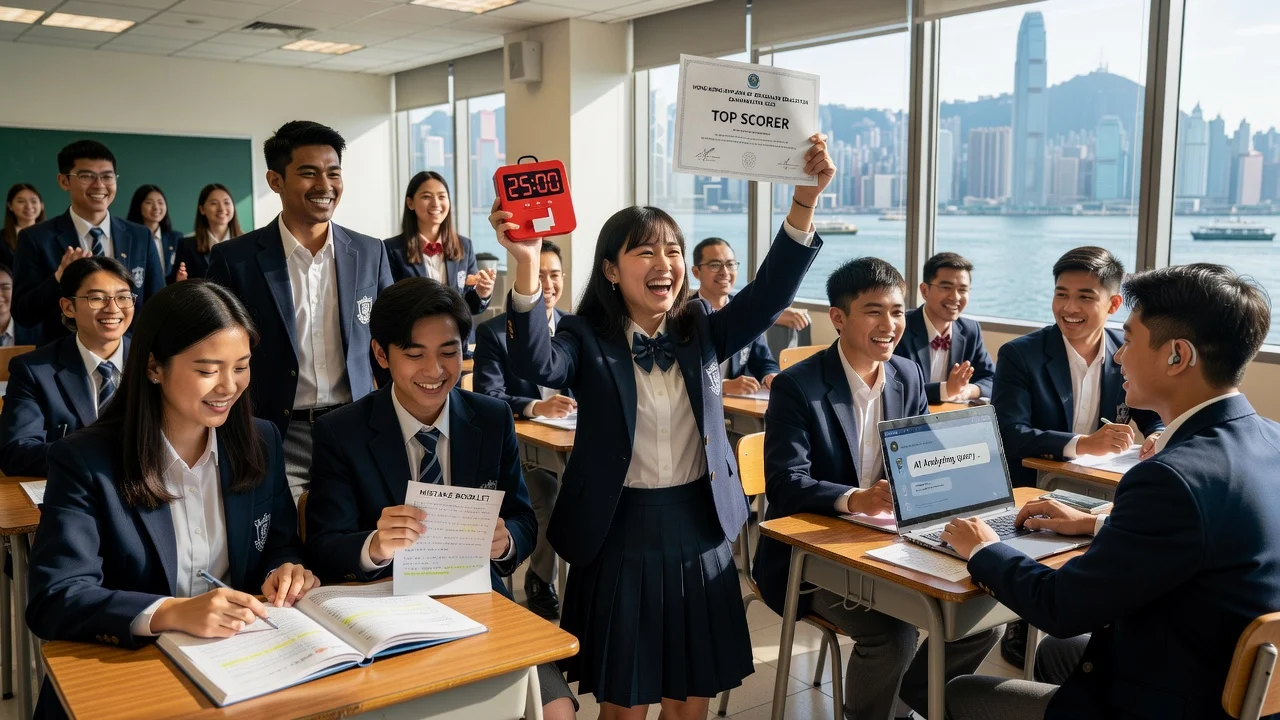 Hong Kong students celebrating DSE exam results with study tools like timers and AI.