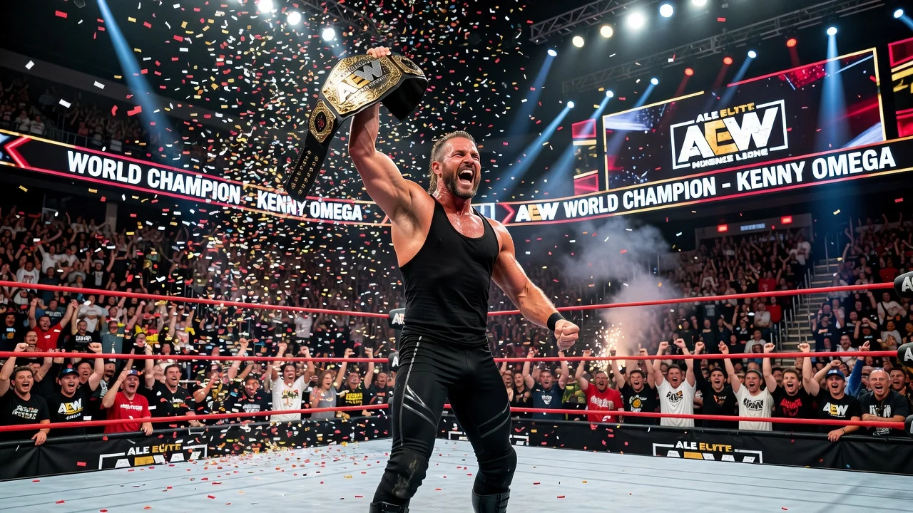 Kenny Omega celebrating with the AEW World Championship at Dynamite in Boston.