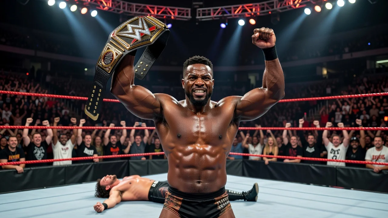 Harlem Lewis holding the WWE Evolve Championship belt in victory inside a wrestling ring.