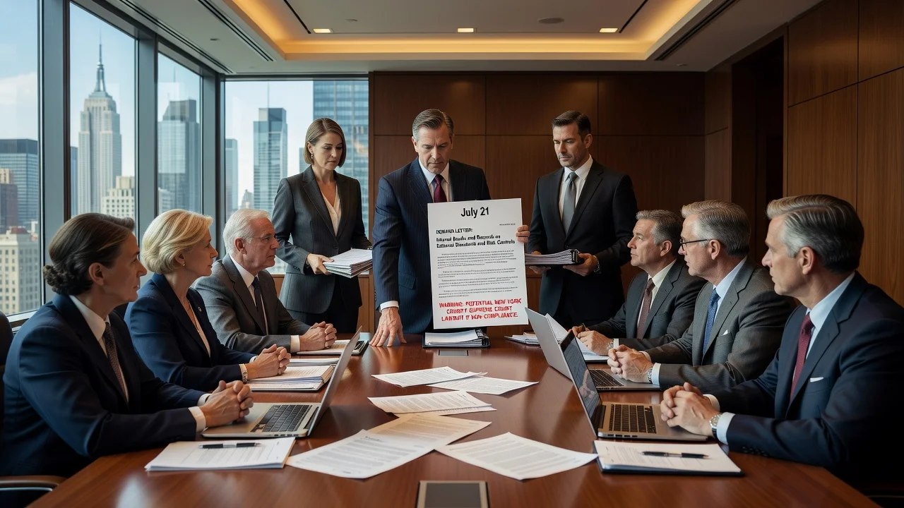 Illustration of shareholders presenting a July 21 demand letter to The New York Times board, threatening court action over records.