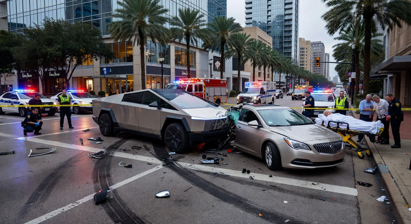 Realistic depiction of Tesla Cybertruck colliding with Buick at Houston intersection, emergency responders on scene after fatal crash killing two elderly women.