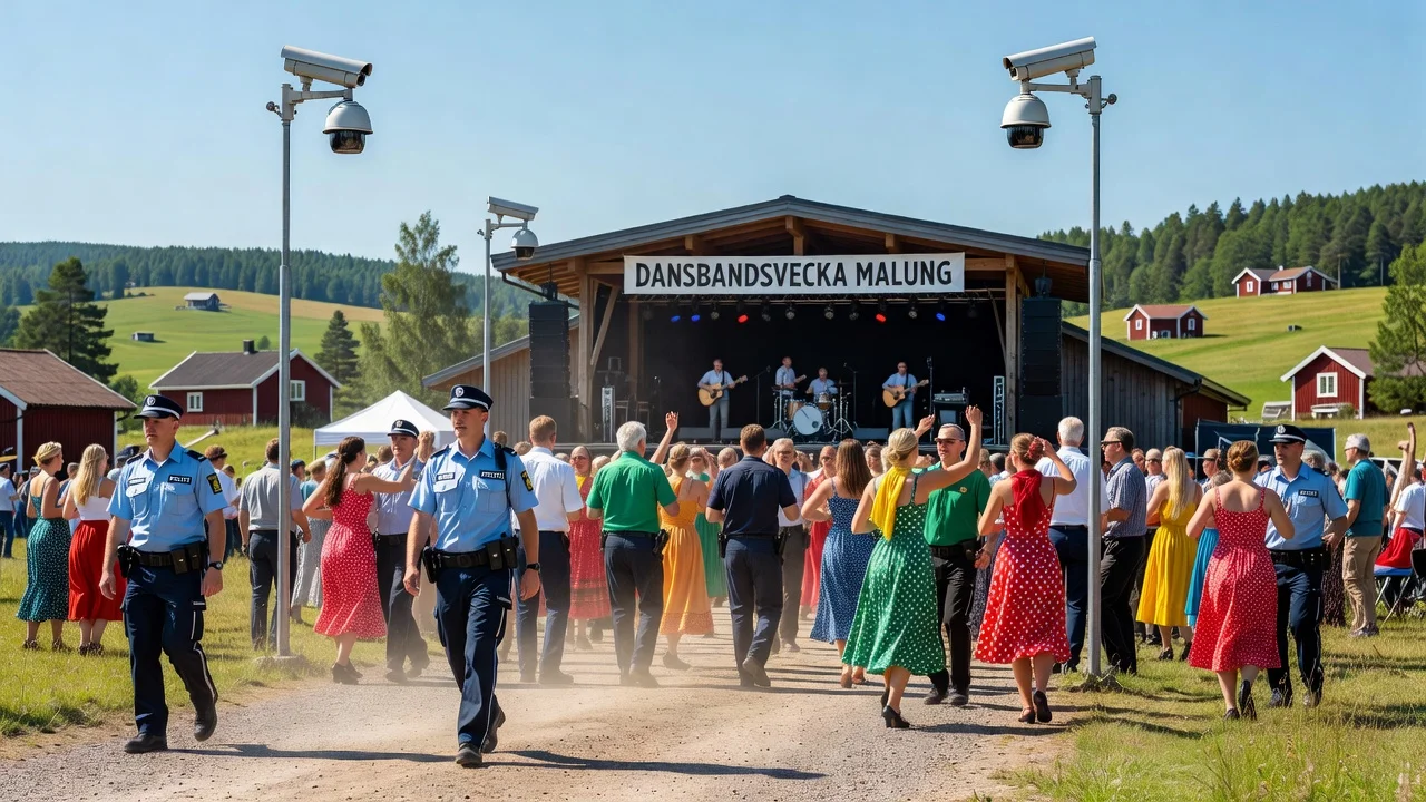 Norwegian police and surveillance cameras at the Dansbandsveckan festival in Malung for enhanced security.