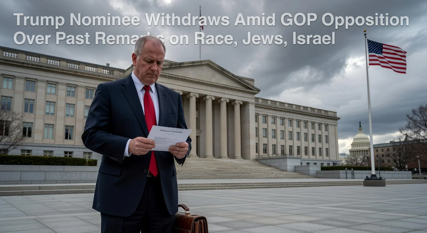 Realistic illustration of Jeremy Carl withdrawing his Trump State Department nomination amid GOP opposition over controversial remarks.