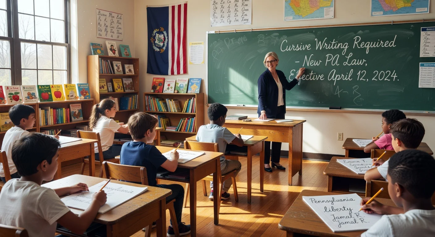 Pennsylvania elementary students practicing cursive handwriting under new state law, with teacher at chalkboard in sunlit classroom.