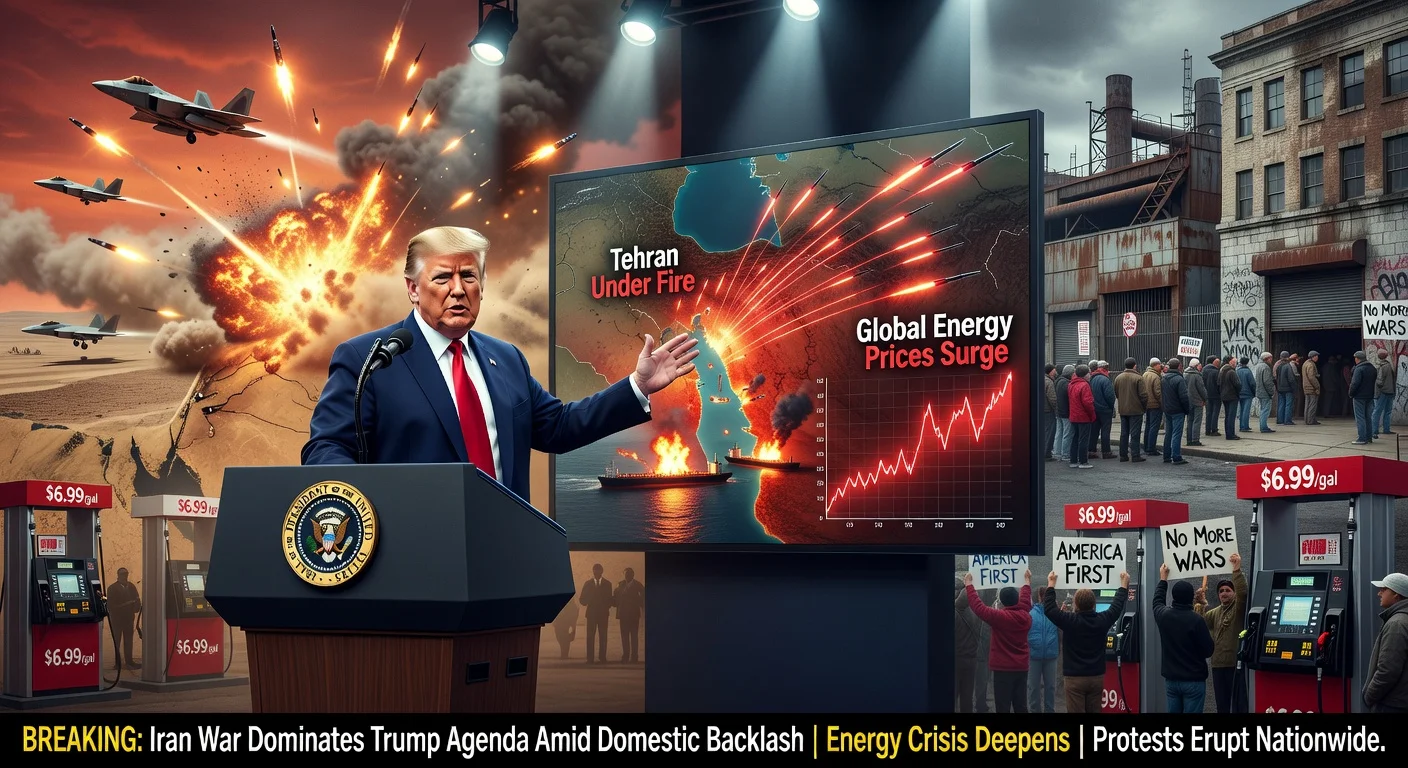 Dramatic illustration of President Trump prioritizing U.S.-Iran war over domestic issues, with war maps and energy crisis visuals contrasting American economic struggles.