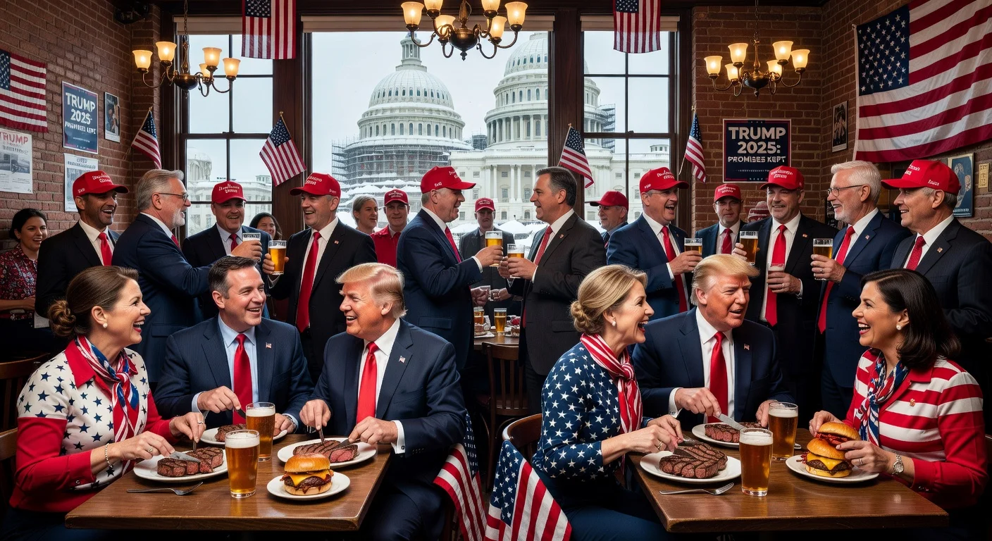 Trump supporters and staffers dining and networking at Butterworth’s Capitol Hill bistro, with the US Capitol visible outside.