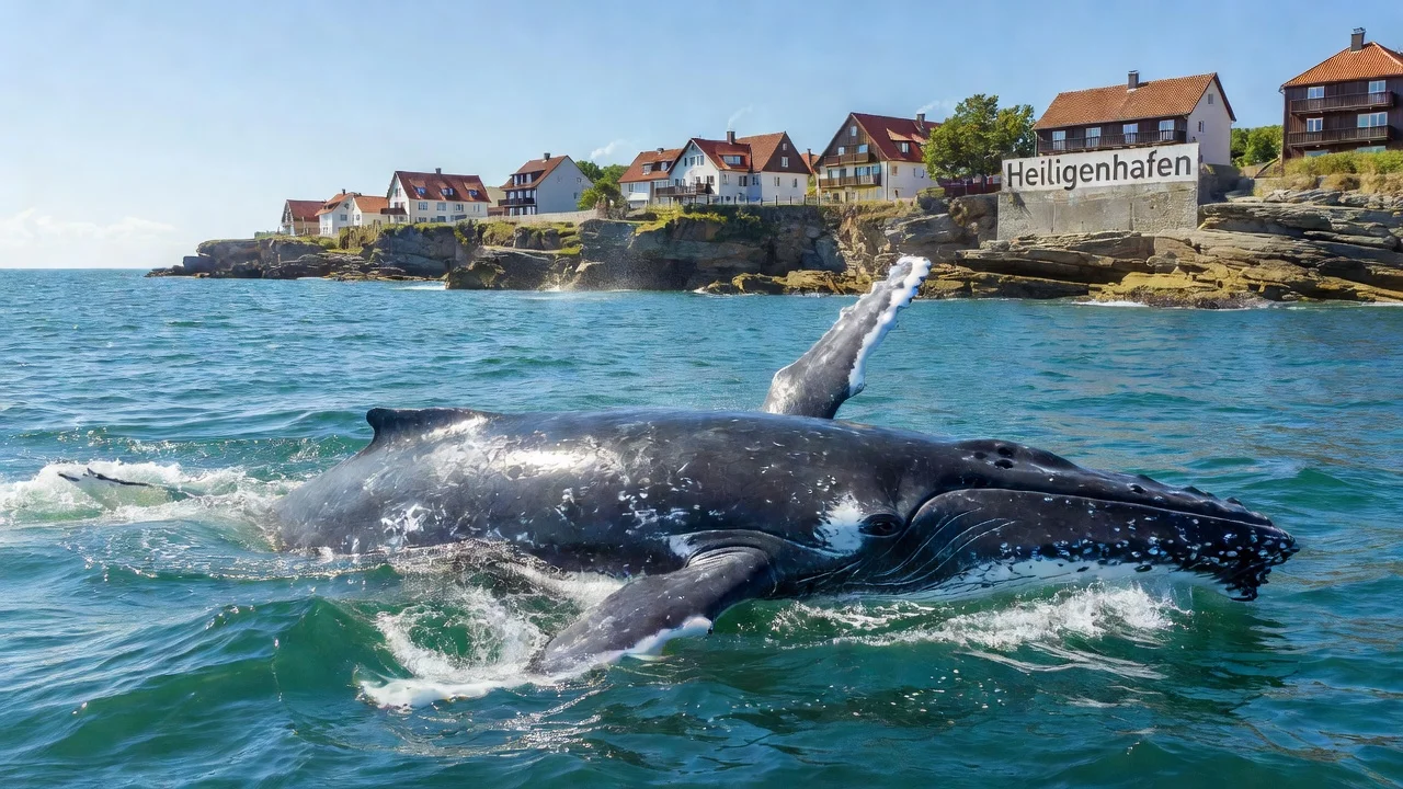 A photorealistic image of a humpback whale in the Baltic Sea near Heiligenhafen, as sighted in the news.
