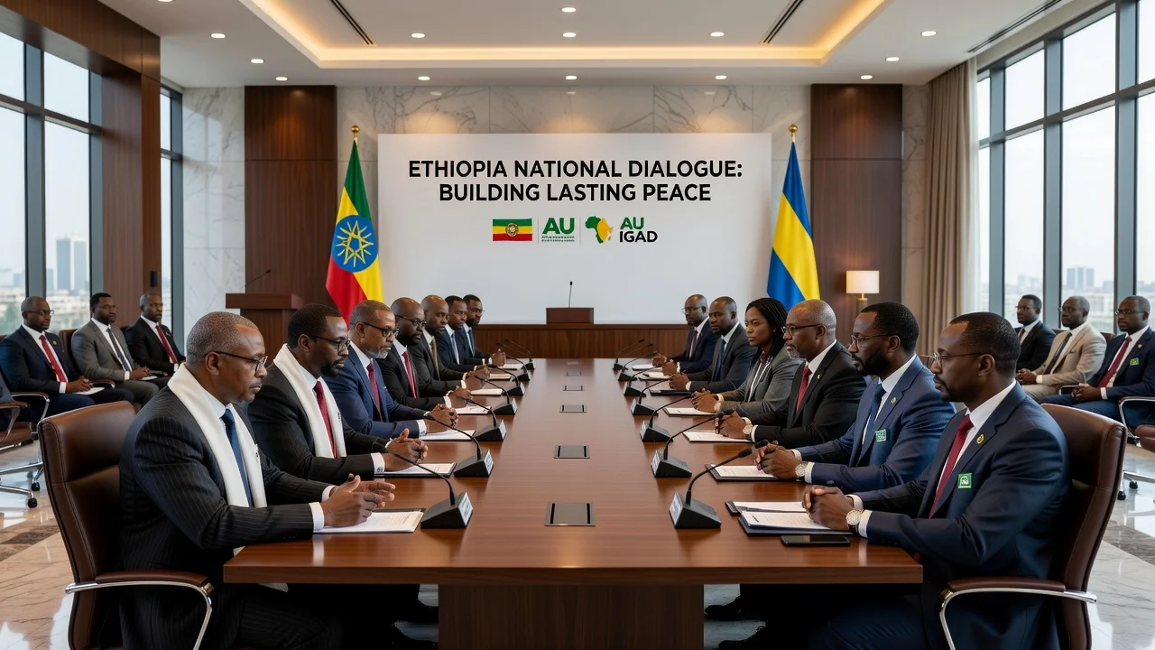 Conference scene with Ethiopian and international officials discussing peace in Addis Ababa.