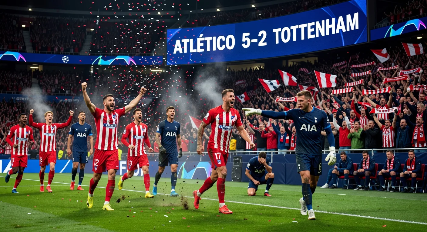 Dejected Tottenham players and celebrating Atletico Madrid fans during Spurs' 5-2 Champions League defeat at Metropolitano stadium.