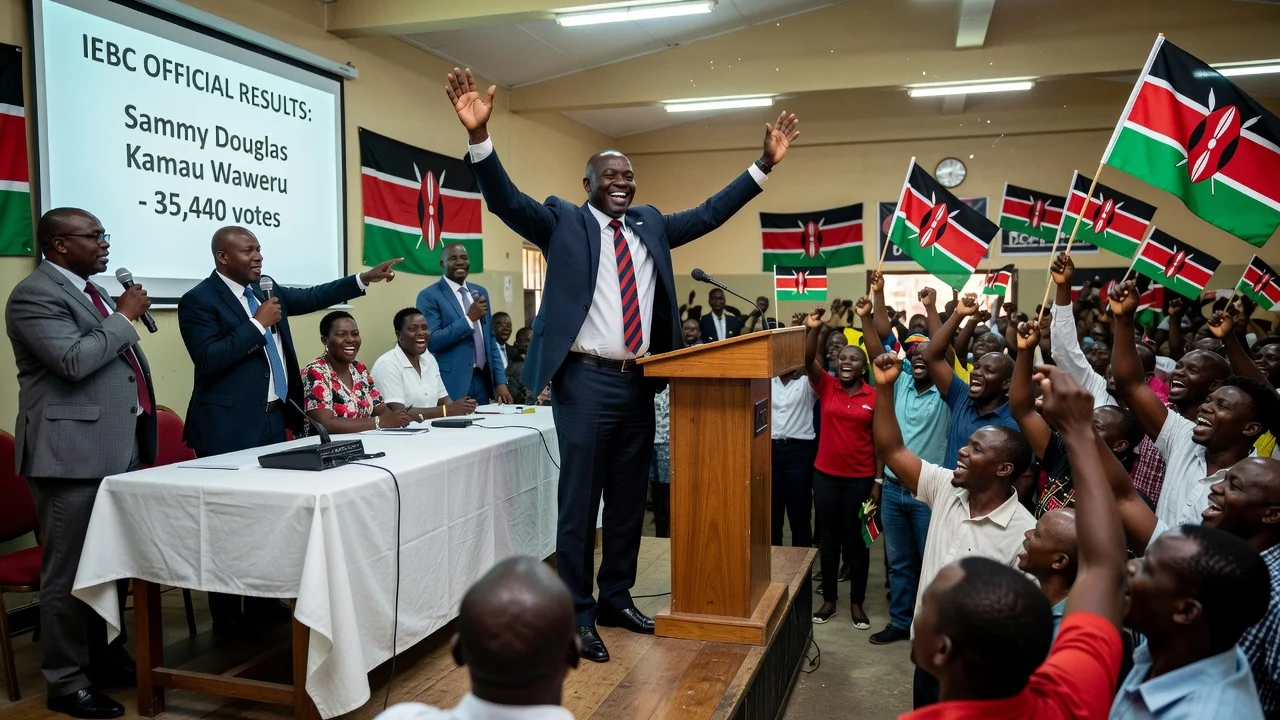 Sammy Douglas Kamau Waweru celebrating his Ol Kalou by-election victory as DCP candidate declared winner by IEBC