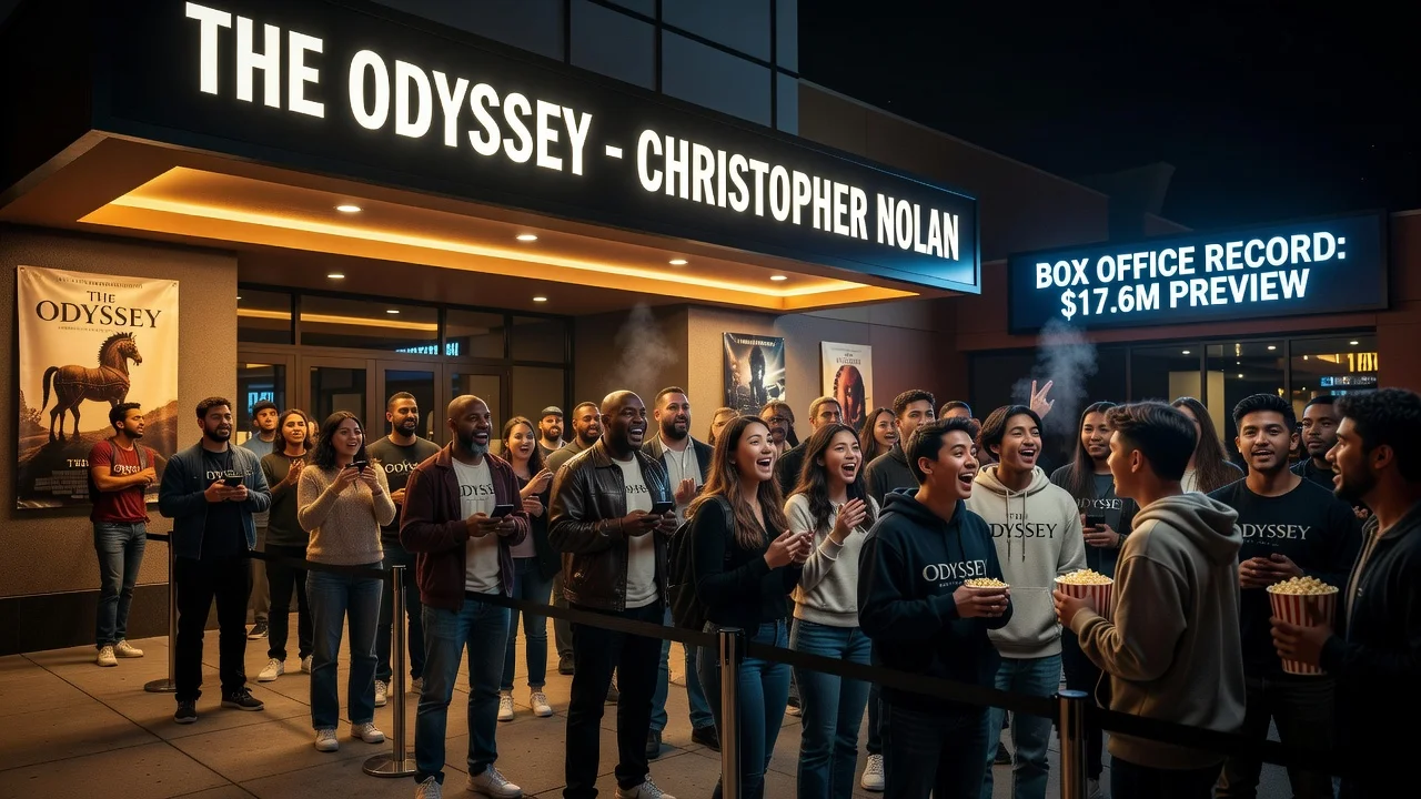 Bustling movie theater on opening night for Christopher Nolan's The Odyssey with box office record signage