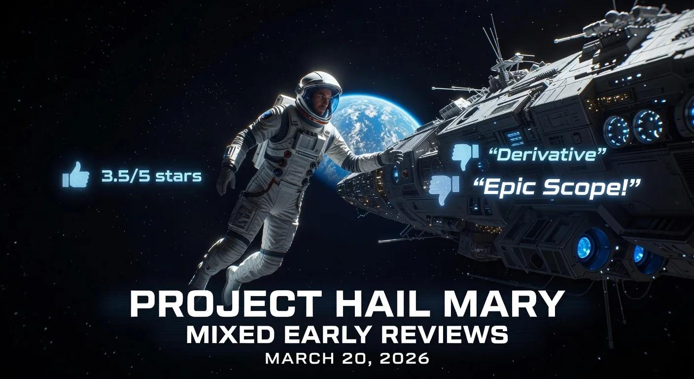 Ryan Gosling as astronaut Ryland Grace in space with holographic mixed reviews for Project Hail Mary film news.