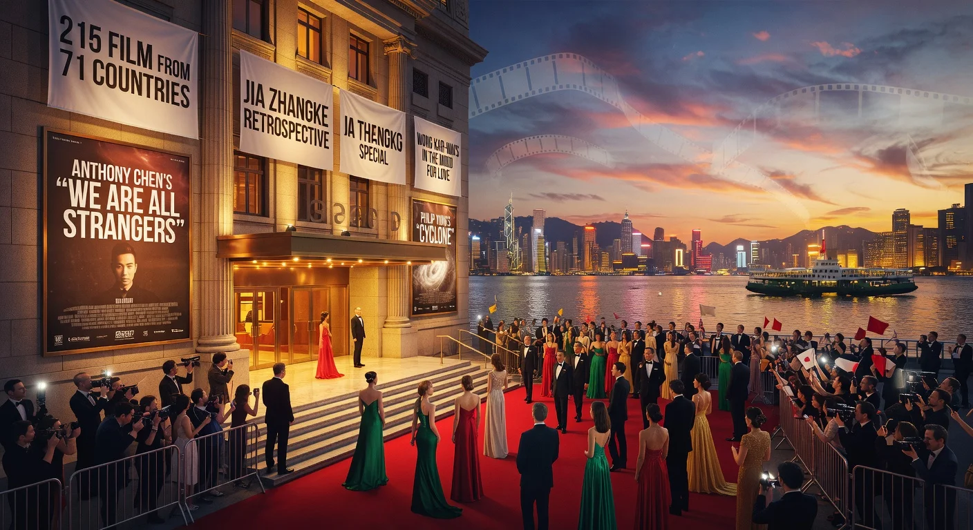 Red carpet opening of the 50th Hong Kong International Film Festival featuring posters for 'We Are All Strangers' and 'Cyclone' amid Hong Kong skyline.