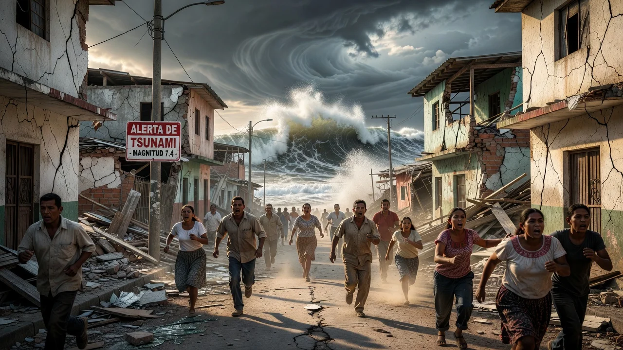 Coastal Chiapas scene with earthquake damage and tsunami warning signs during the 7.4 quake.