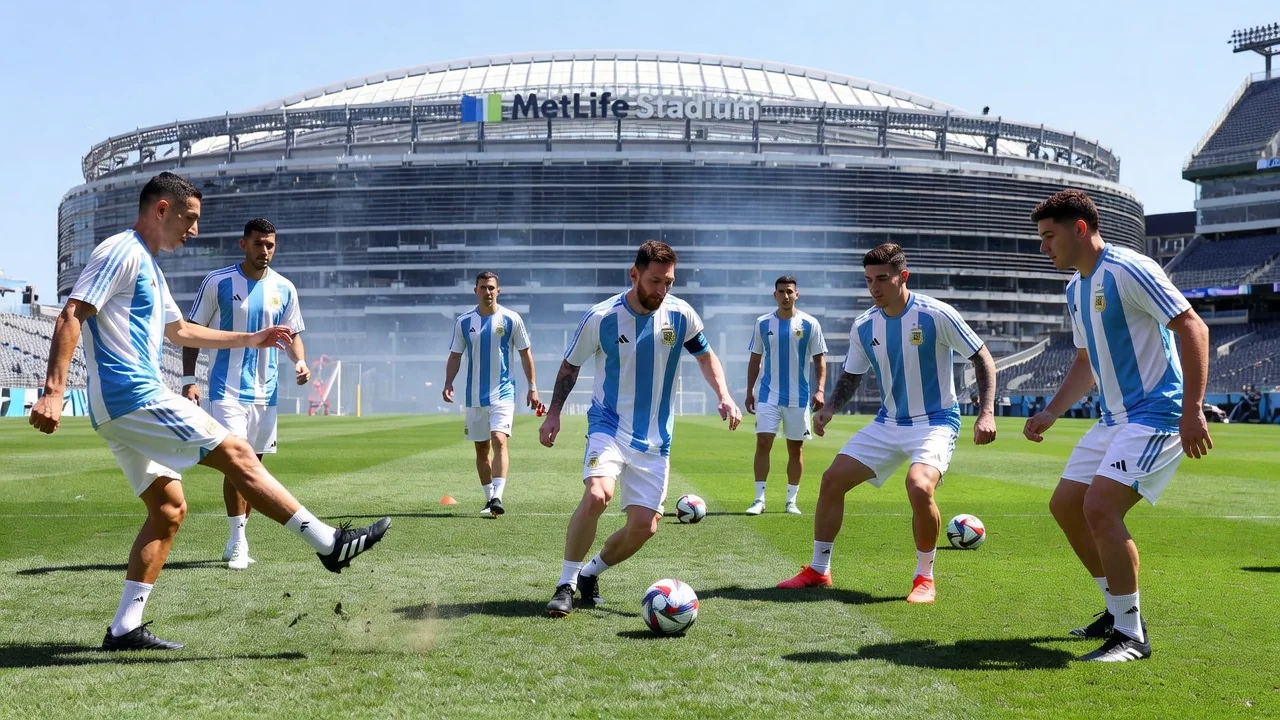 The Argentina national soccer team practicing on a field in New Jersey ahead of their World Cup match.